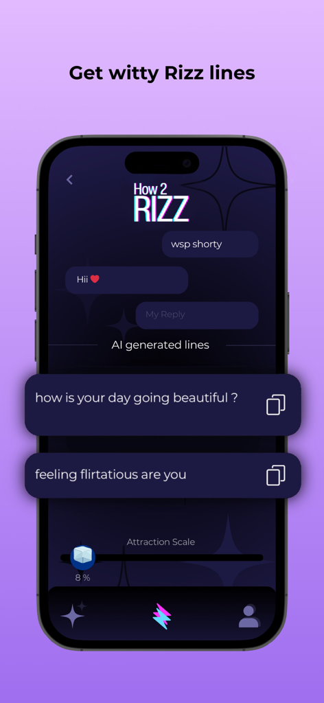 Pick Up Lines: How2Rizz - How2Rizz app interface showing AI generated witty pick up lines for dating