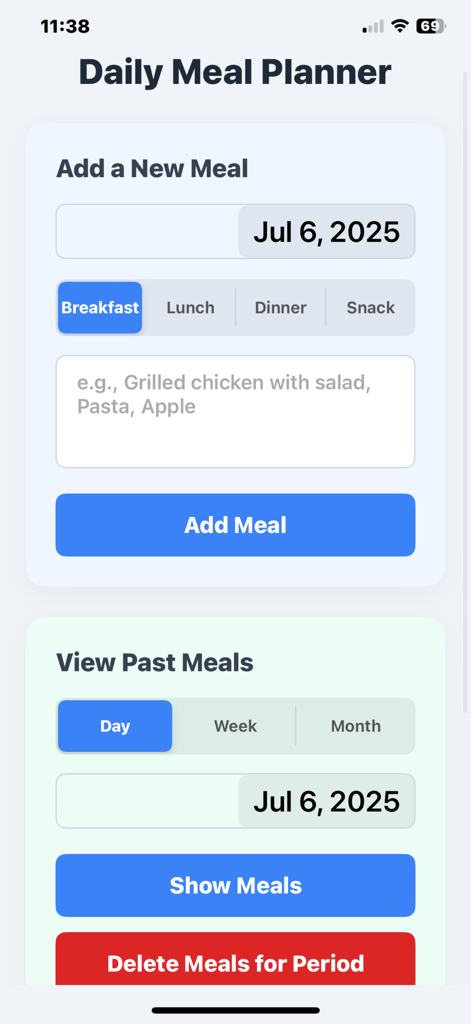 Simple Daily Meal Planner - Mobile app interface for adding a new meal and viewing past food logs by day week or month.
