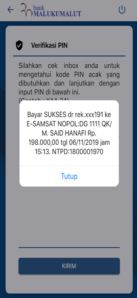 Bank Maluku Malut Mobile - Notificación de pago exitoso en la aplicación de banca móvil Bank Maluku Malut