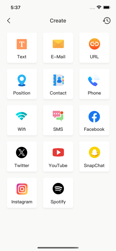 QRNow: Scan & Quick - Interface showing options to create QR codes for text email social media and more