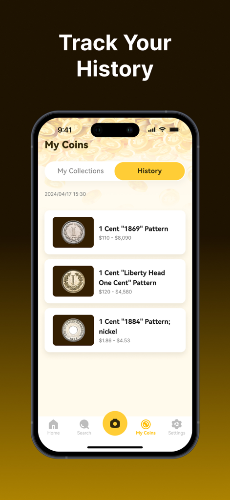 The Coin Identifier app interface showing a list of recently scanned coins with their estimated market values.