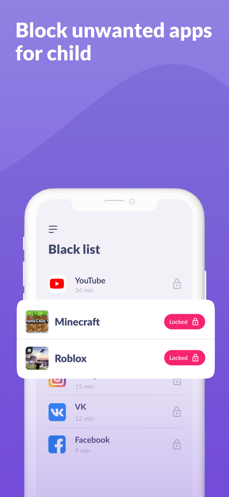 Alli360: Screen Time Control - 부모가 Minecraft 및 Roblox와 같은 특정 앱 및 게임을 차단할 수 있는 Alli360 앱 인터페이스를 보여주는 스마트폰 화면