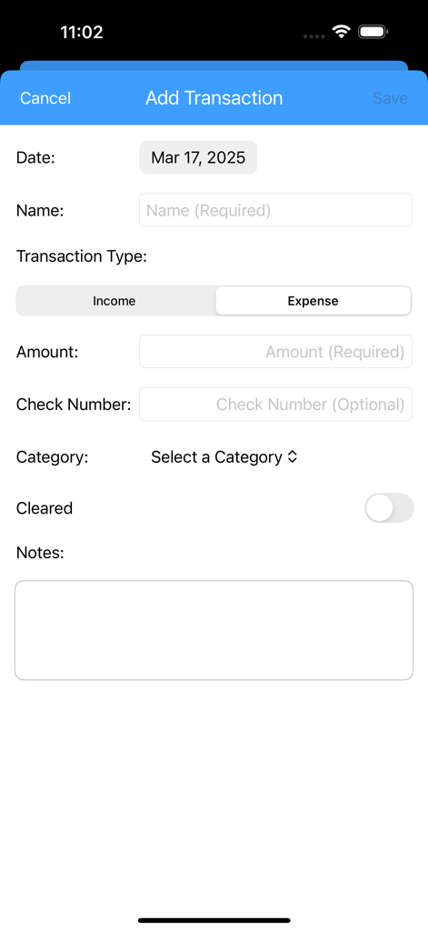 Add Transaction screen in the Simple Checkbook app featuring fields for name, amount, check number, and category selection.