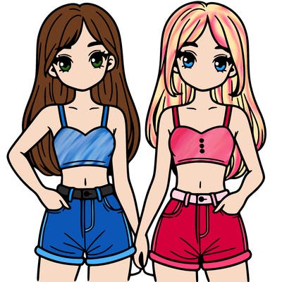 two sisters with crop tops and jean shorts and straight hair