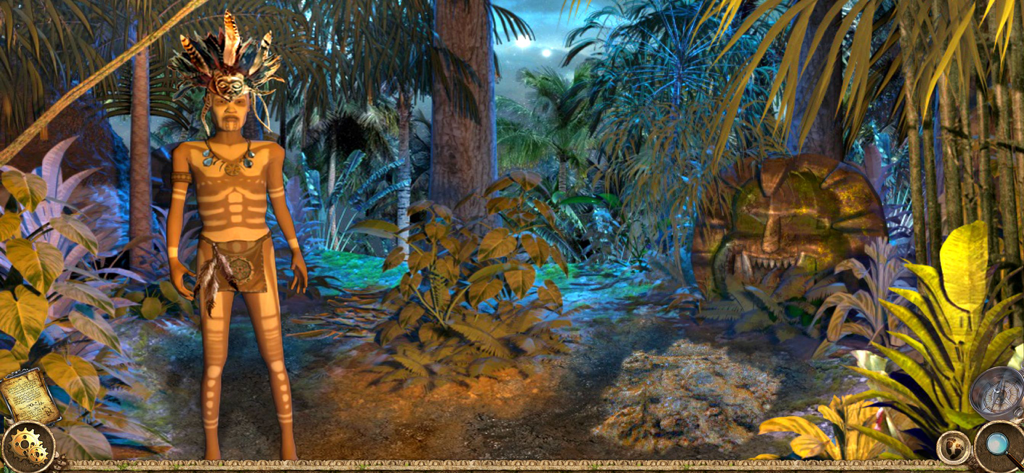 Black Rainbow Mystery - Un personaje tribal de pie en una exuberante jungla amazónica cerca de una gran máscara de piedra en Misterio del Arcoíris Negro