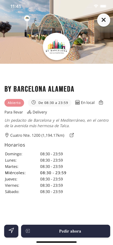 by Barcelona - Pantalla de detalles del restaurante de la aplicación by Barcelona que muestra el horario de apertura y la información de la ubicación