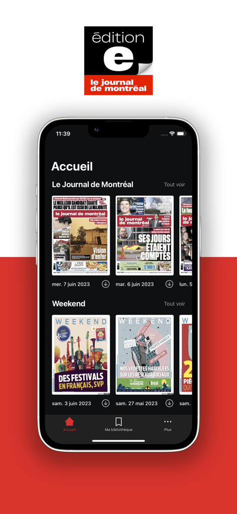 Écran d'accueil de l'application Journal de Montréal E-Edition présentant les couvertures du journal numérique et les magazines du week-end.