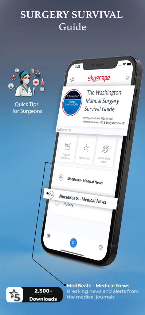 Washington Manual - Surgery - Aplicación Washington Manual Surgery Survival Guide en un smartphone que muestra índices clínicos y noticias médicas.
