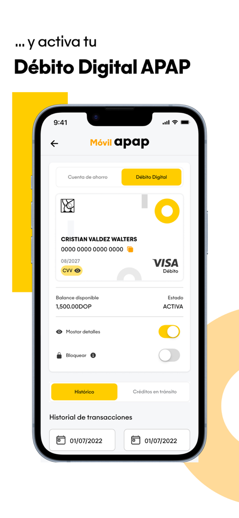 Móvil APAP app interface showing a digital Visa debit card with balance and transaction options.