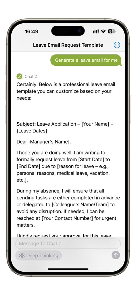 Chat Z - Ultra Chat Assistant - Chat Z AI assistant che genera un modello di richiesta email professionale per congedo