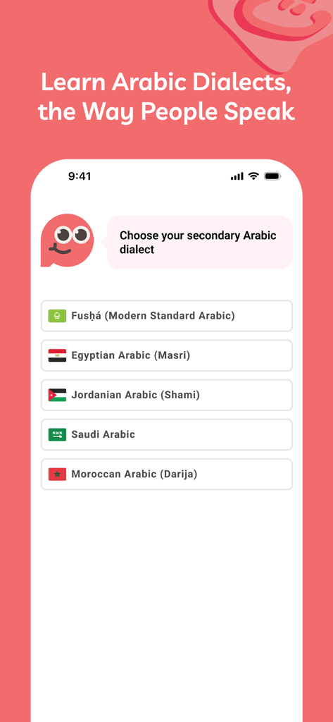 A screen from the Aralects app showing a list of Arabic dialects to choose from including Egyptian, Jordanian, and Saudi Arabic