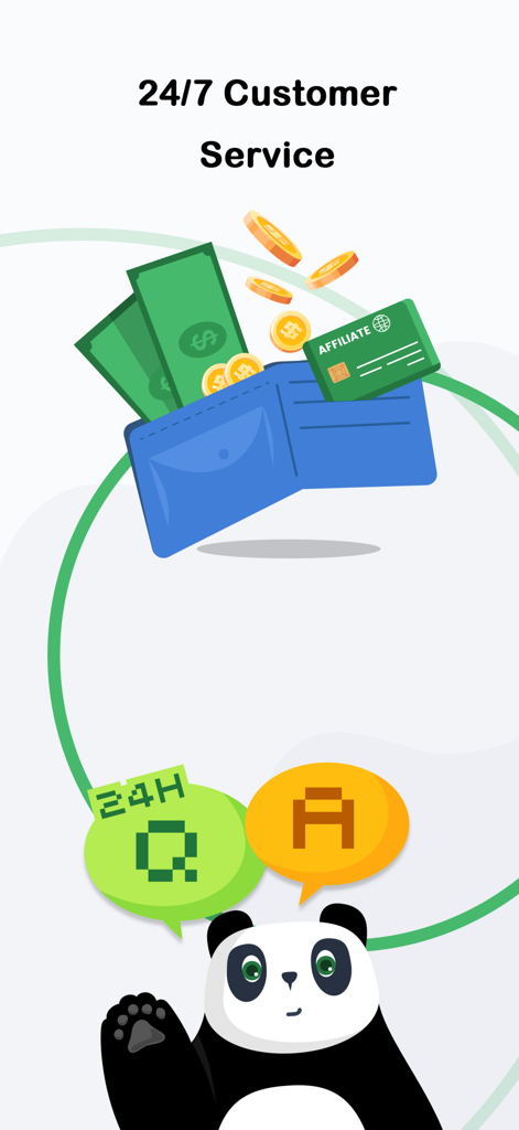 Ilustración de servicio al cliente y programa de afiliados de PandaVPN 24/7 con una mascota panda