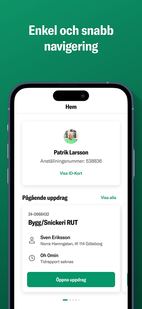 Veteranpoolen - Veteranpoolen app home screen showing user profile and ongoing service tasks