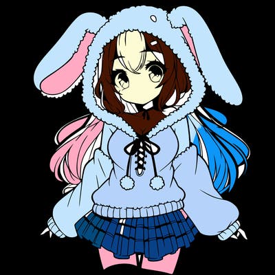 pretty anime girl wearing a fluffy hoodie with bunny ears on the hood and a skirt