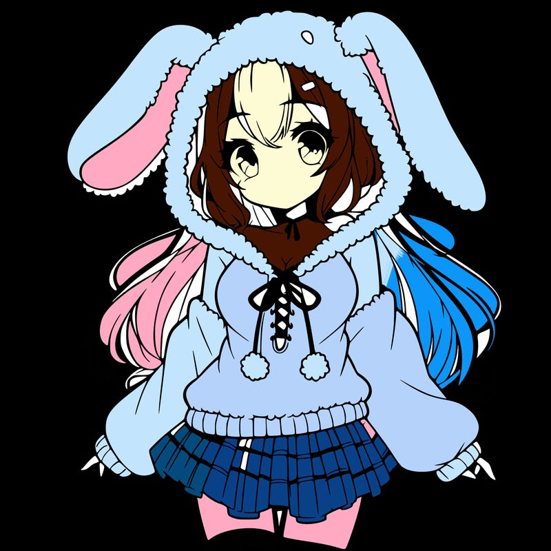 pretty anime girl wearing a fluffy hoodie with bunny ears on the hood and a skirt