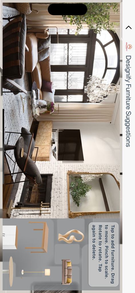 Designify Interiors - Application Designify Interiors montrant un design de salon avec des options de sélection de meubles