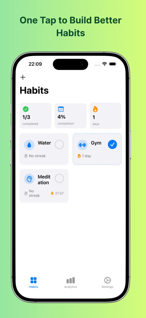 Stepwise: Habit Tracker - Stepwiseアプリのミニマリストダッシュボードに、進捗状況を示す習慣カード（水、ジム、瞑想）が表示されている様子