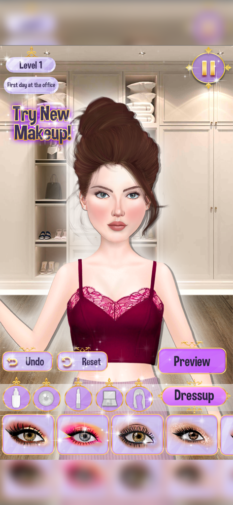 Fashion Makeup Makeover Games - Un personaje femenino en un juego de maquillaje preparándose para su primer día en la oficina con varias opciones de sombra de ojos.