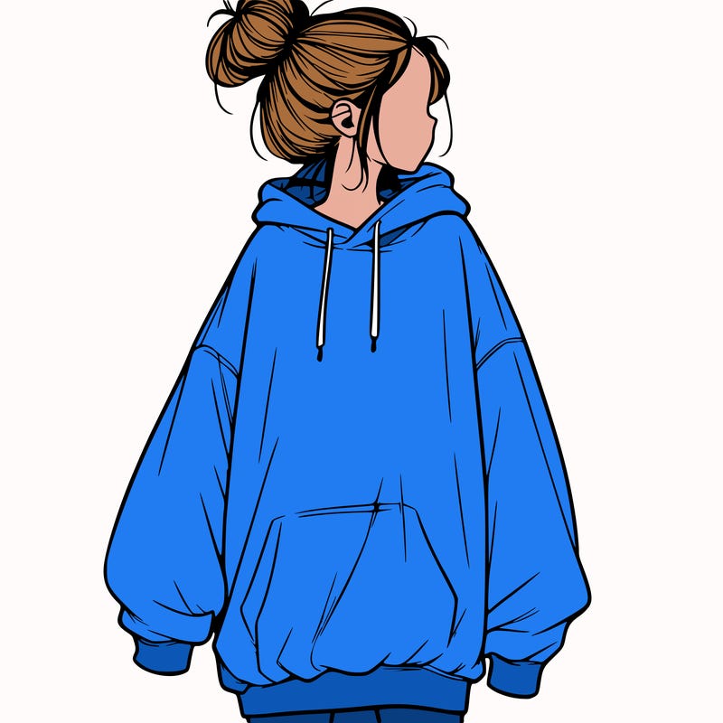 realistic girl with a oversized sweatshirt on and a bun