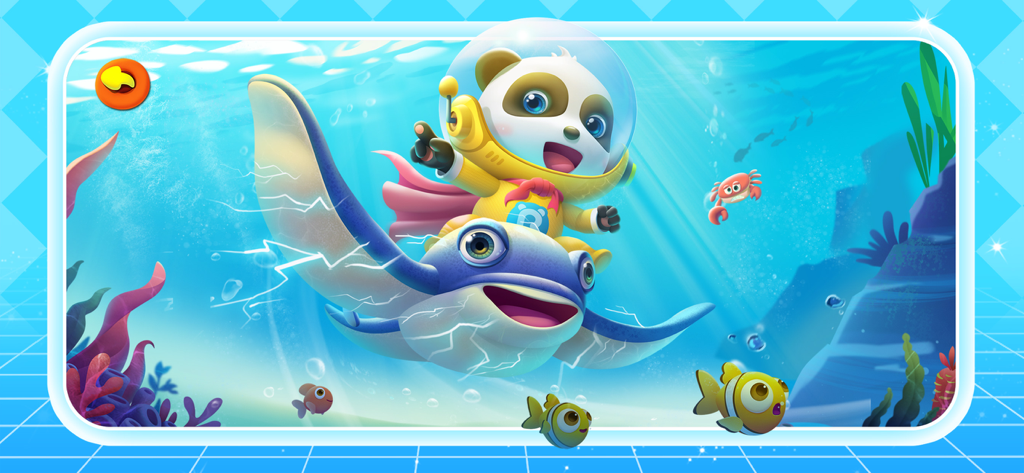 Little Panda in a diving suit riding a stingray underwater with fish and a crab
