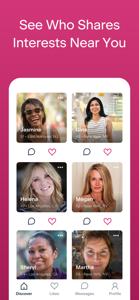 Ourtime - Meet 50+ Singles - Ourtime app interface showing profiles of diverse single women over 50 with their names and locations