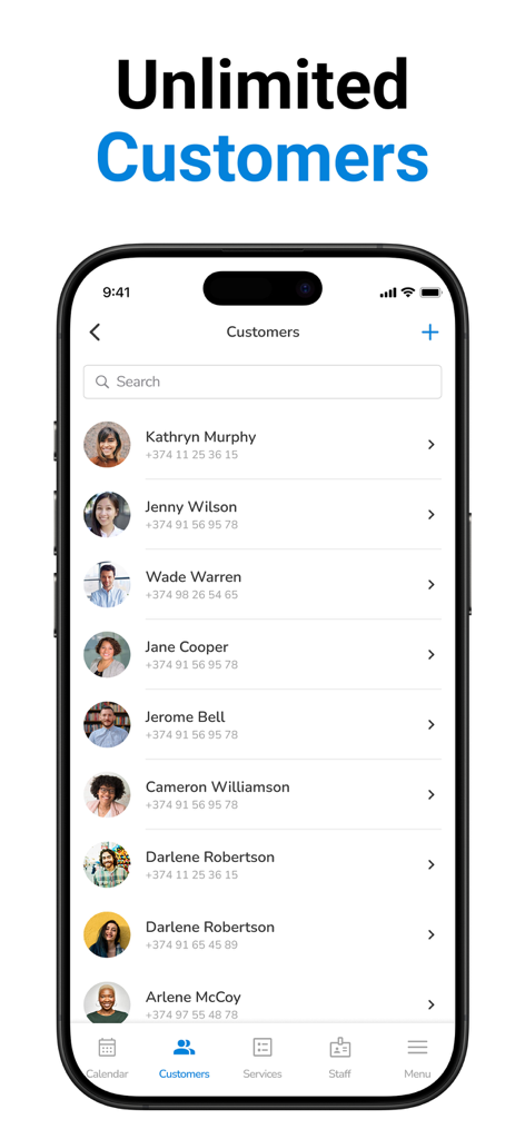 SetTime Appointment Scheduler - Mobile app screen of SetTime showing a managed list of unlimited customers