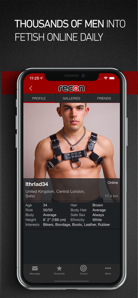 A profile screen from the Recon app showing a man in a leather harness and listed interests like leather and bondage