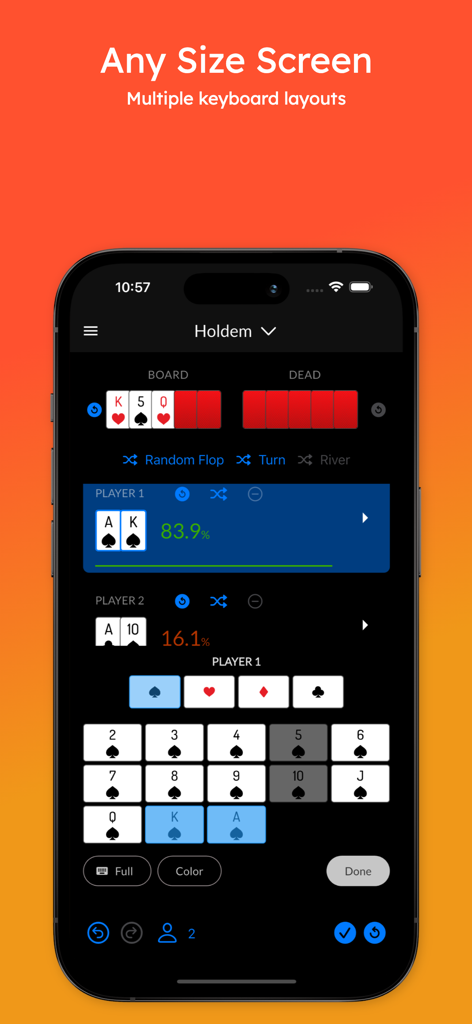 Poker Geek Odds Pro - Interface of Poker Geek Odds Pro showing Texas Holdem hand equity and card selection keyboard.