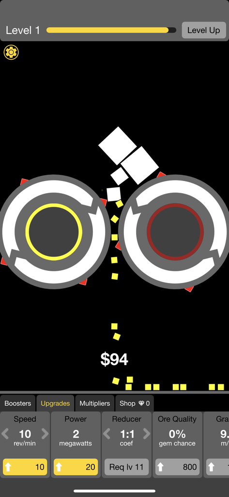 Schermata di gioco di Will it Crush che mostra ingranaggi meccanici che distruggono blocchi e opzioni di potenziamento