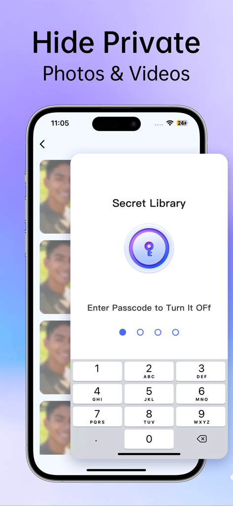 iPhone app screen showing a secret library feature to hide private photos and videos with a passcode lock