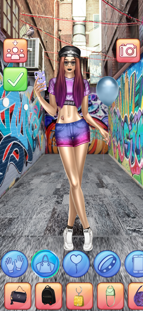 Blogger Girl - Outfit Makeover - Una muñeca de moda animada con ropa urbana posando en un callejón con grafitis en la aplicación Blogger Girl.