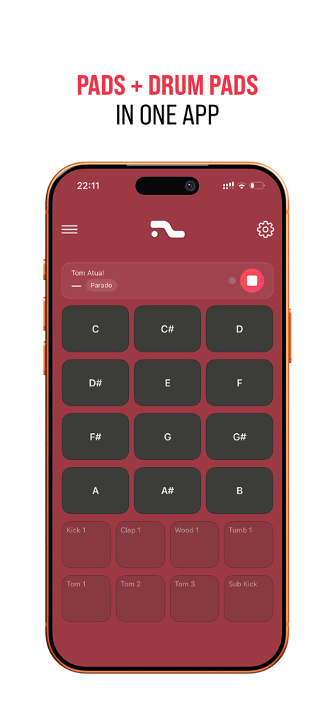 Interface of the PadLab mobile app showing a grid of musical note pads and drum trigger pads for live performance.
