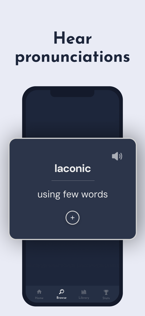 Nodu app word card showing the definition and pronunciation icon for the word laconic