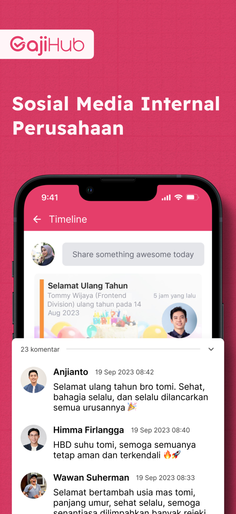 Gajihub - Payroll & Absensi - Timeline de mídia social interna da empresa no aplicativo Gajihub com posts de aniversário de funcionários e comentários