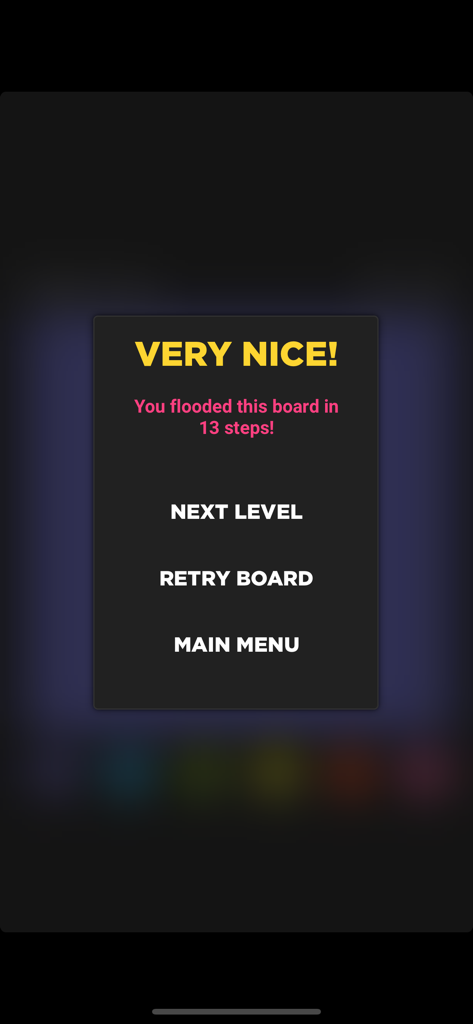 Flood–It! - Pantalla de victoria del juego Flood-It! que muestra la finalización del tablero en 13 pasos con opciones para el siguiente nivel.