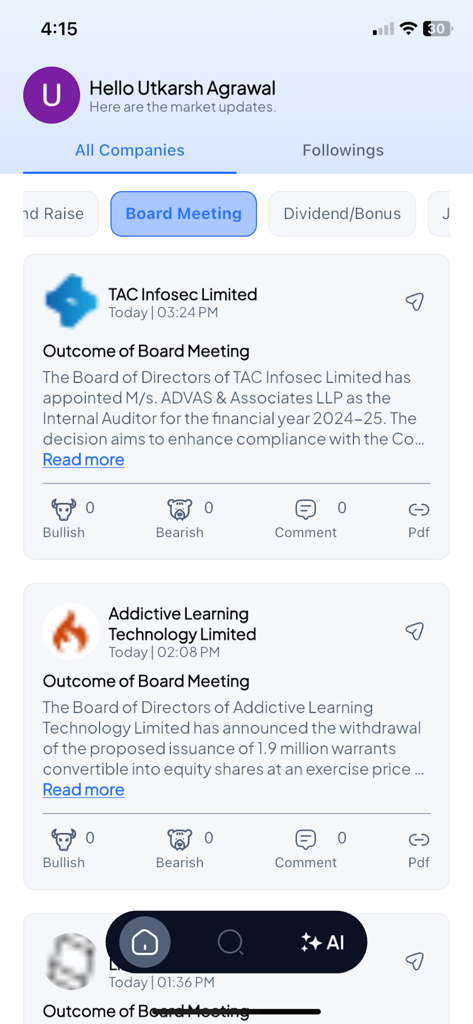 Alpha Tribe: Stock Market - Flux de l'application mobile montrant les annonces d'entreprise du marché boursier indien et les résultats des réunions du conseil d'administration.