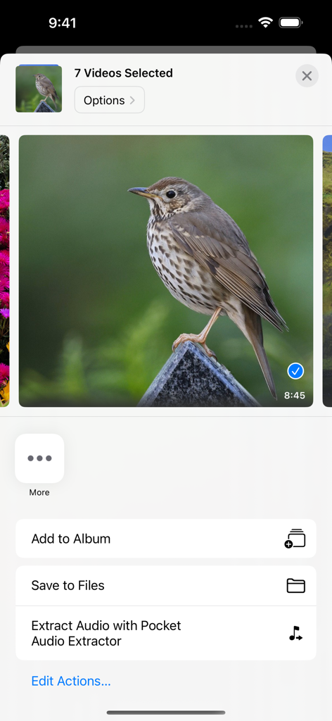 Pantalla de iPhone mostrando la opción de menú Extraer Audio para un video seleccionado