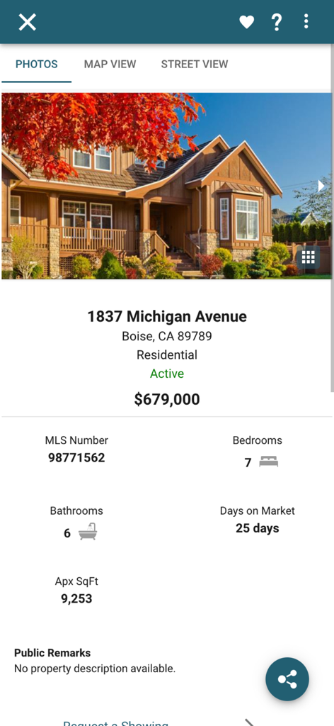 A property detail screen in the Collaboration Center app showing a large residential home in Boise with listing price and specs.