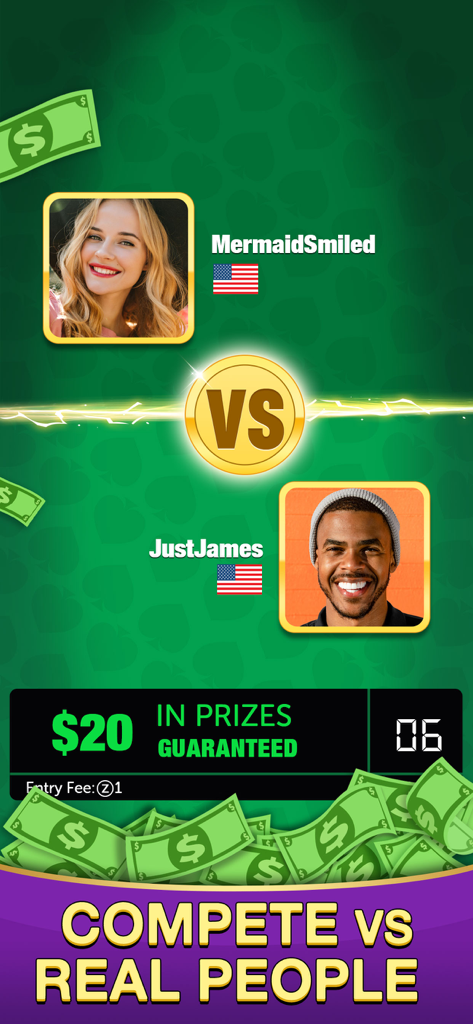 Spades Cash 2: Real Money Game - Spades Cash 2 match screen showing two players competing for cash prizes