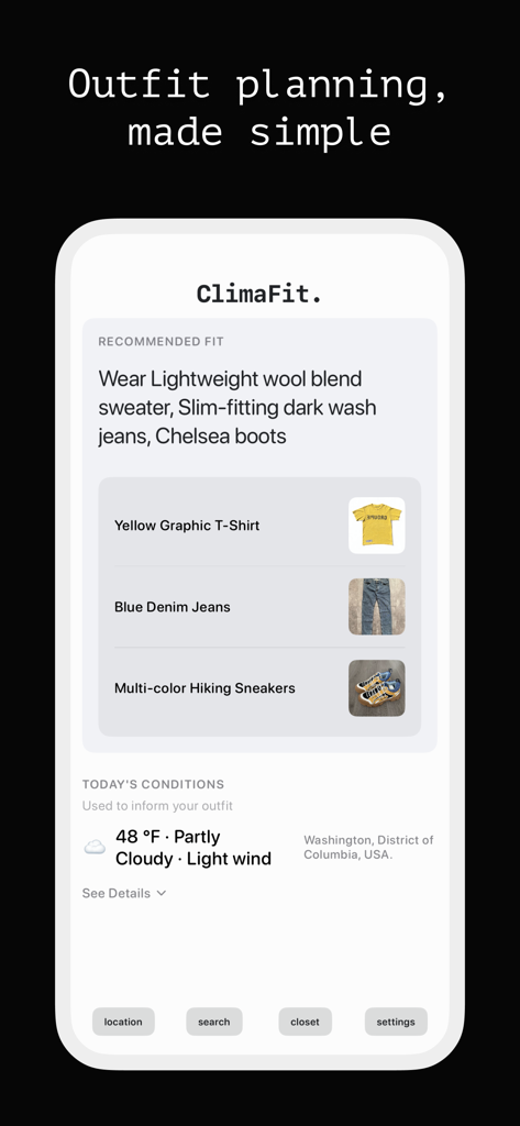 Climafit. - ClimaFit mobile app screen showing a recommended outfit and current weather conditions in Washington DC