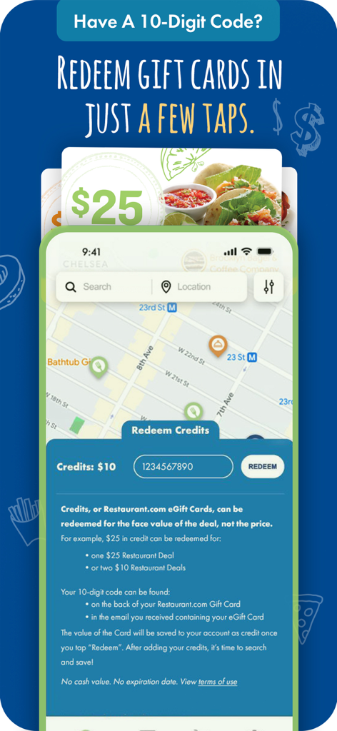 Mobile screen showing how to redeem gift card codes for restaurant credits
