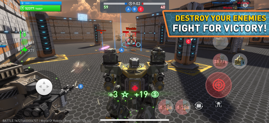 A heavily armed combat robot engages in a tactical online PvP battle within an industrial arena.