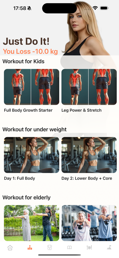 Exercise for Obesity at Home - Interface de l'application Exercice pour l'Obésité à Domicile montrant des programmes d'exercices spécialisés pour les enfants, les personnes en sous-poids et les personnes âgées.