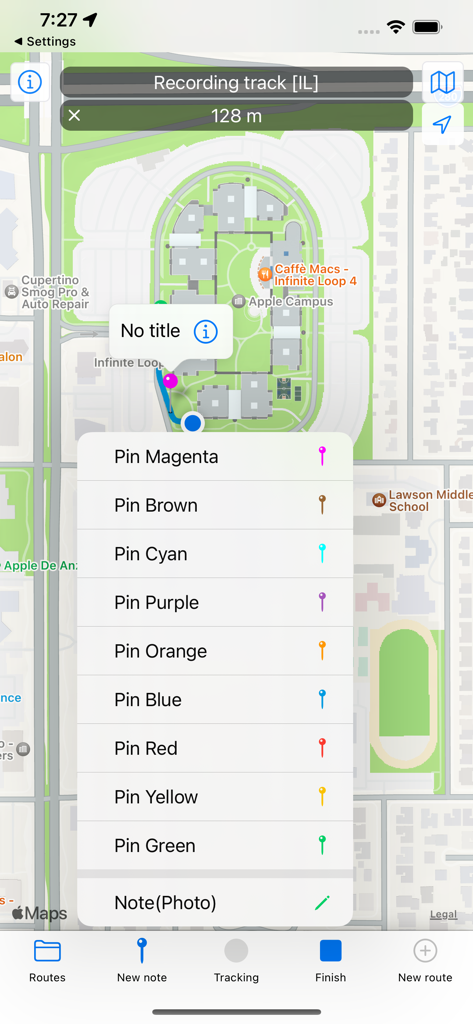 RouteNote - Interface do aplicativo RouteNote mostrando pinos codificados por cores em um mapa para rastreamento de rota