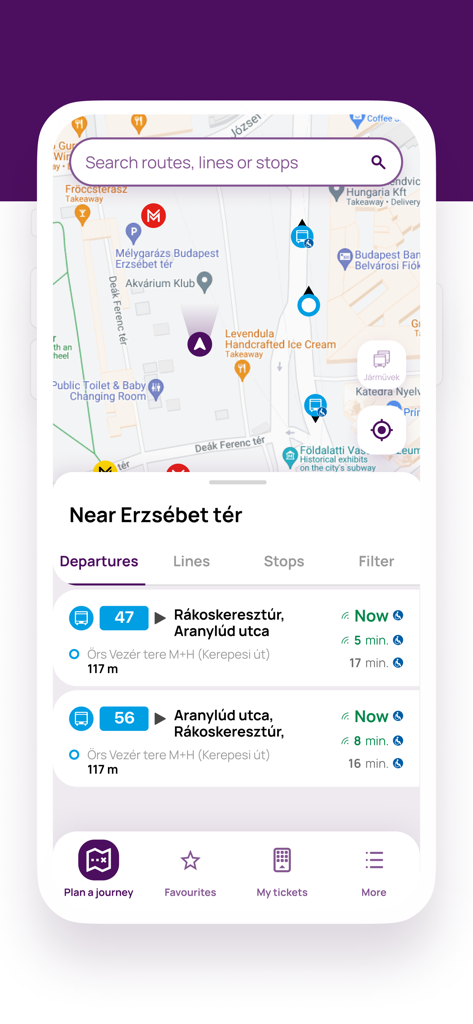 BudapestGO - Pantalla de la aplicación BudapestGO que muestra un mapa de tránsito y salidas en tiempo real cerca de Erzsebet ter