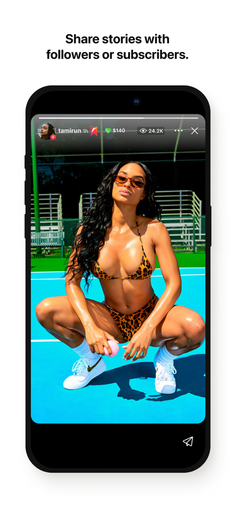 Fanbase - A mobile app screenshot of the Fanbase story feature showing a creator content with view counts and earnings.