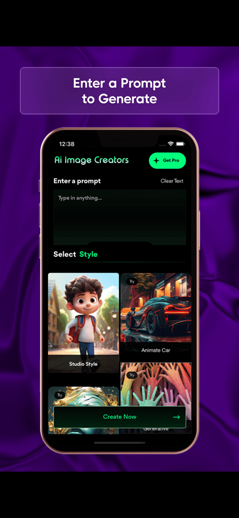 Ai画像クリエイターアプリのインターフェース。テキストプロンプト入力フィールドと、Studio StyleやAnimate Carなどの選択可能な様々なアートスタイルが表示されています。