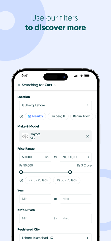 OLX Pakistan – Online Shopping - Mobile app interface showing search filters for used cars in Pakistan