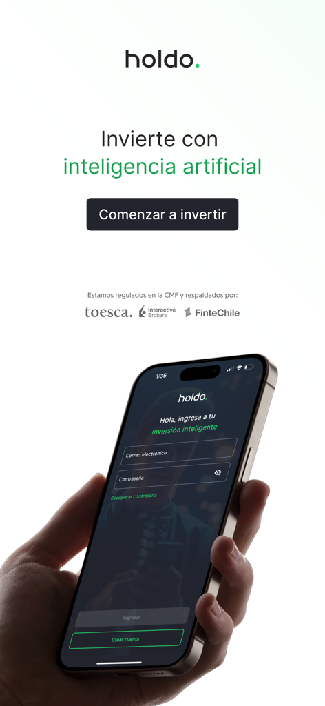 A hand holding a smartphone displaying the login screen for the Holdo AI investment application