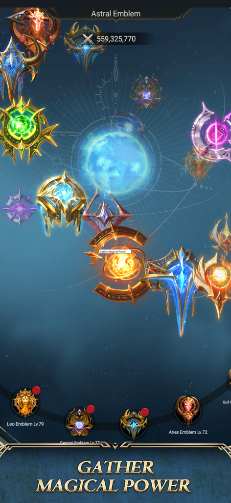 A gameplay screenshot of Rise of the Kings showing the Astral Emblem interface with various glowing magical icons and power scores